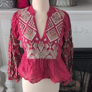 Anthropologie Red and Cream Embroidered Top Size 2